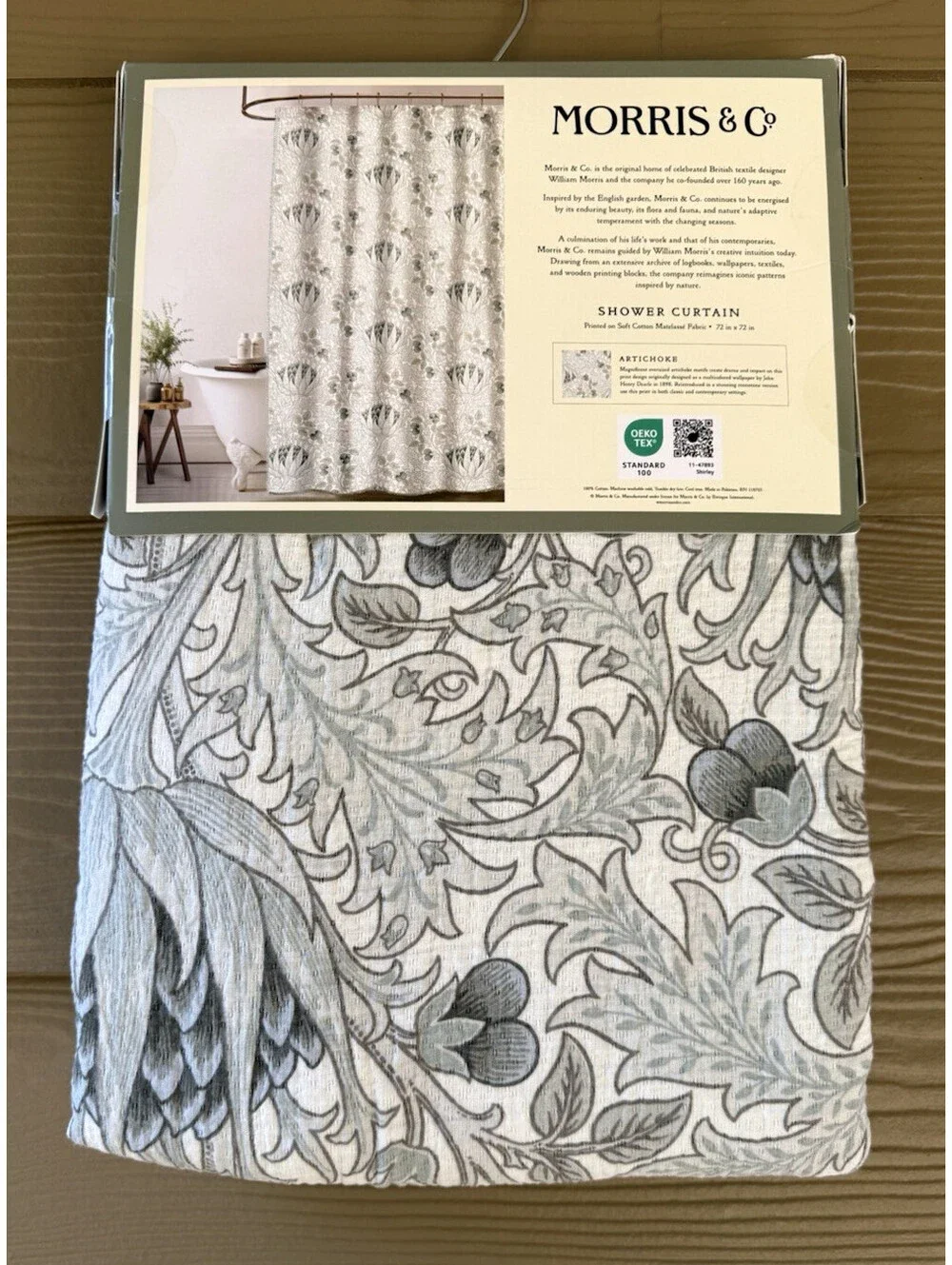 Morris & Co Artichoke Floral Teal Gray Cotton Matelasse Fabric Shower Curtain